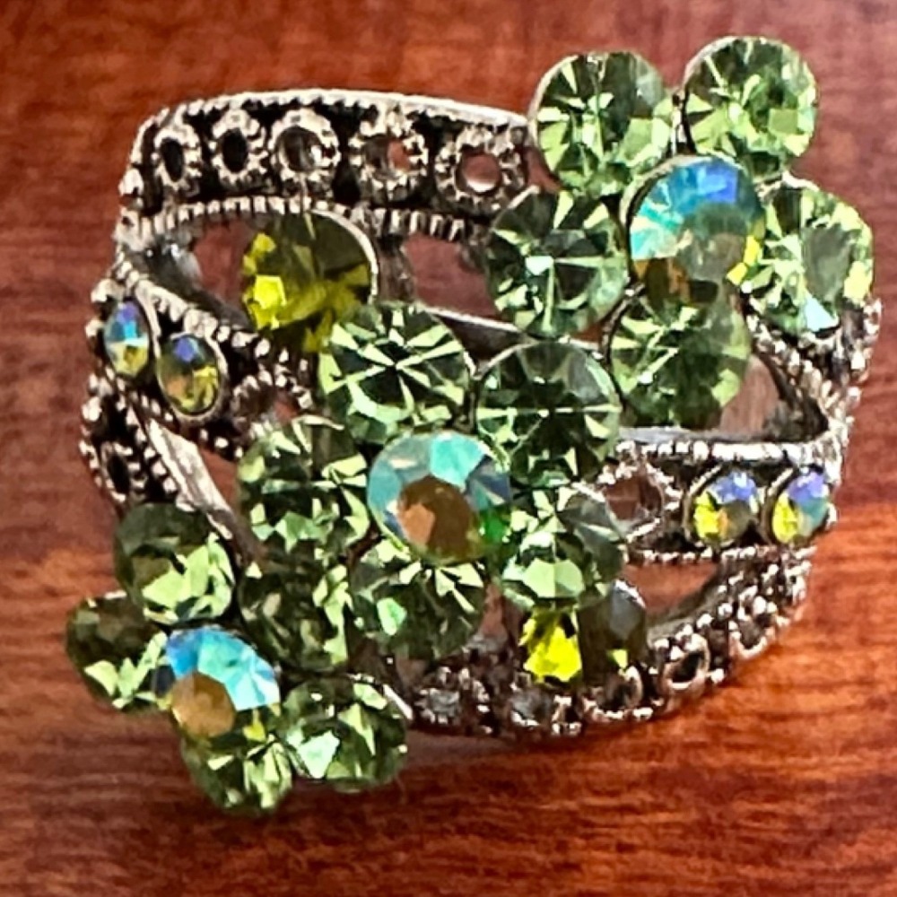Green Rhinestone Flower Statement Ring Womens Silver Tone Adustable Boho Retro